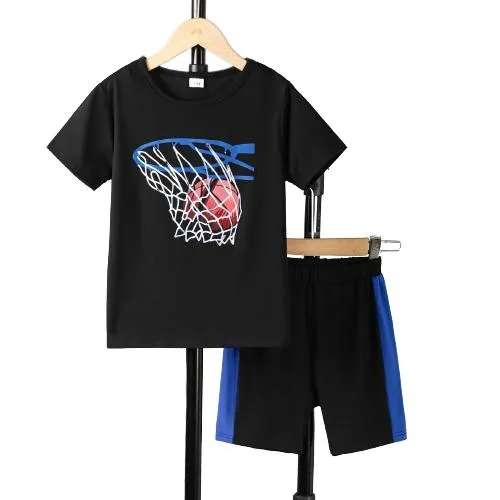 7-15Y Kids Clothes Boys Clothes Shorts Sets Basketball Pattern T-shirts Elastic Sport Style Shorts 2Pcs Outfits For Summer Black Catpapa 462306017