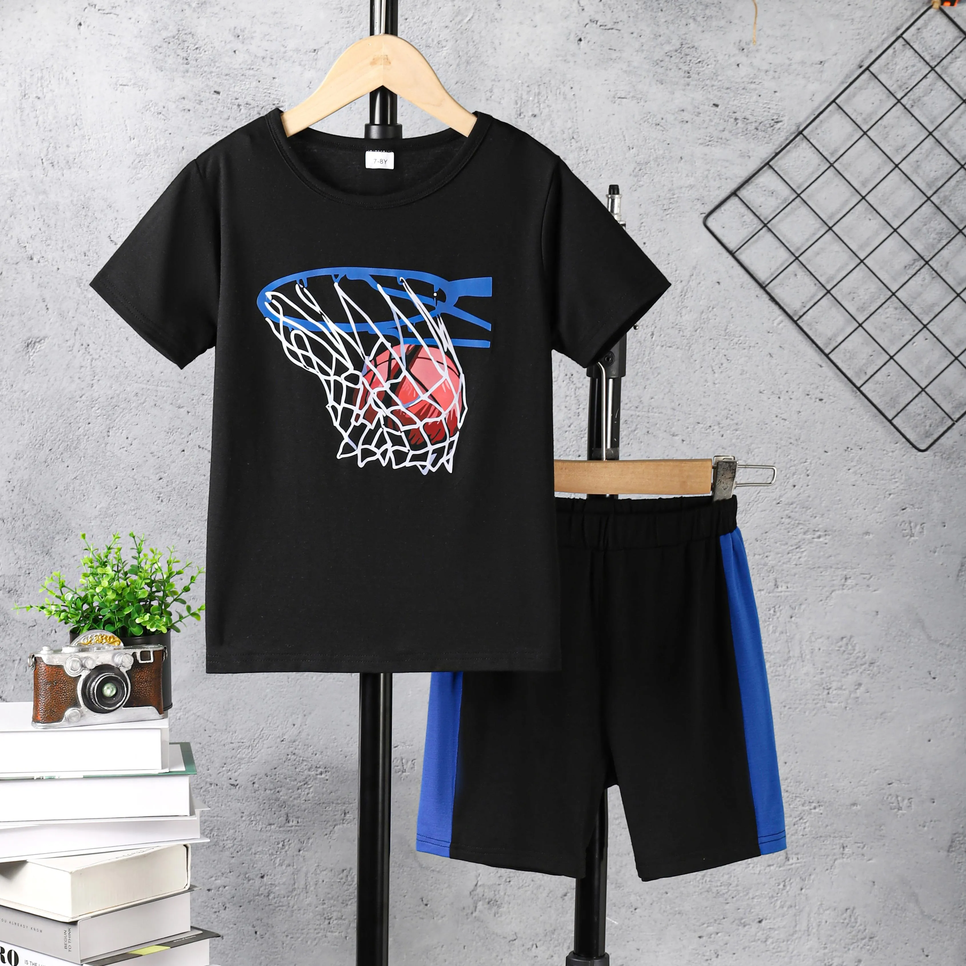 7-15Y Kids Clothes Boys Clothes Shorts Sets Basketball Pattern T-shirts Elastic Sport Style Shorts 2Pcs Outfits For Summer Black Catpapa 462306017