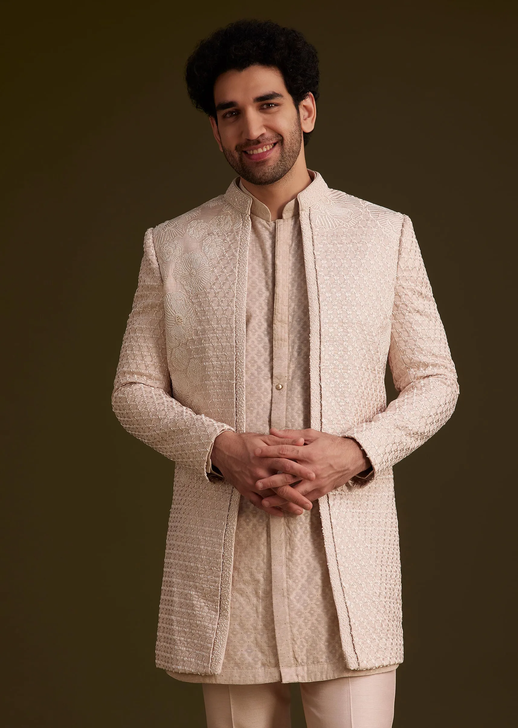 Beige Embroidered Indo Western Set