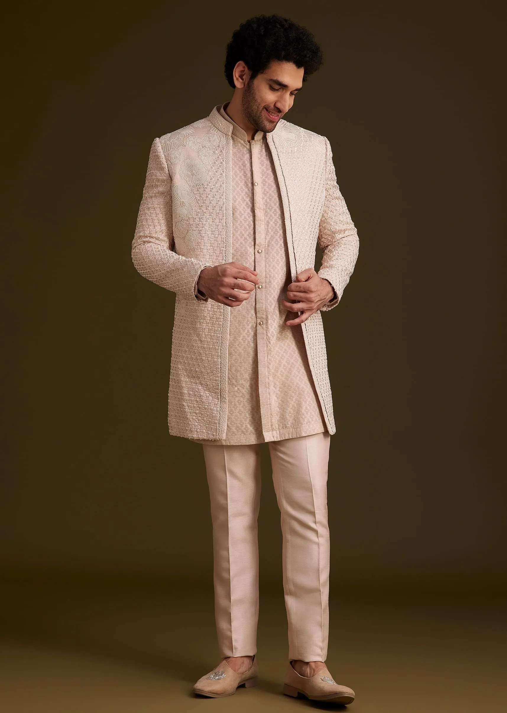 Beige Embroidered Indo Western Set