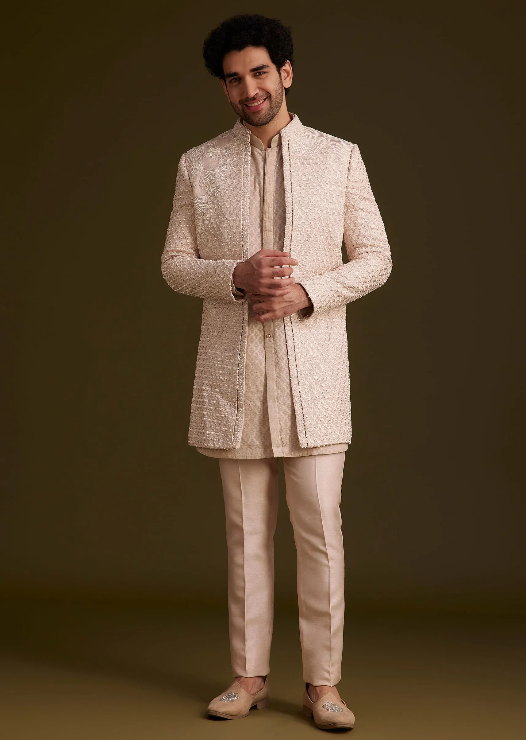 Beige Embroidered Indo Western Set