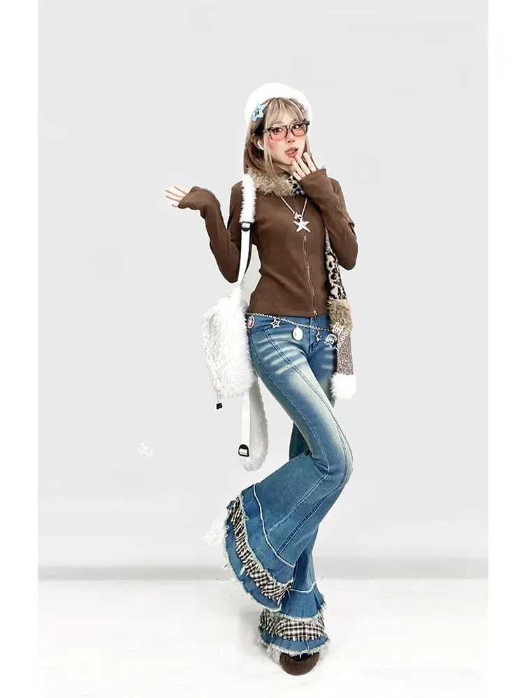 Blue Denim Flared Jeans with Plaid Trim