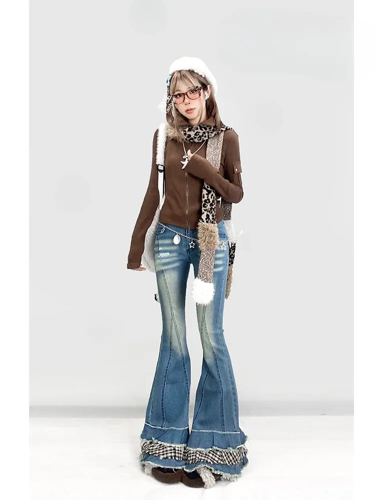 Blue Denim Flared Jeans with Plaid Trim
