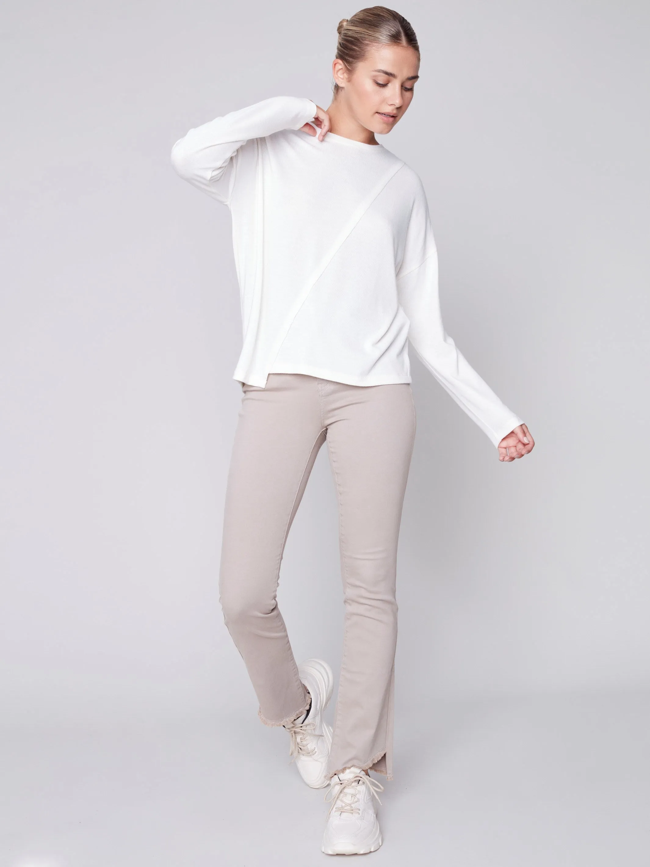 Bootcut Twill Pants with Asymmetrical Fringed Hem - Almond