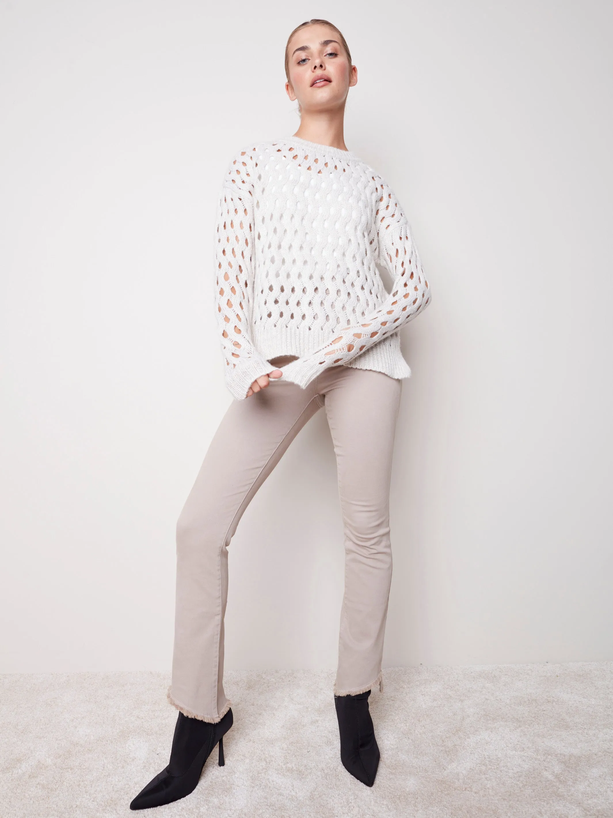 Bootcut Twill Pants with Asymmetrical Fringed Hem - Almond