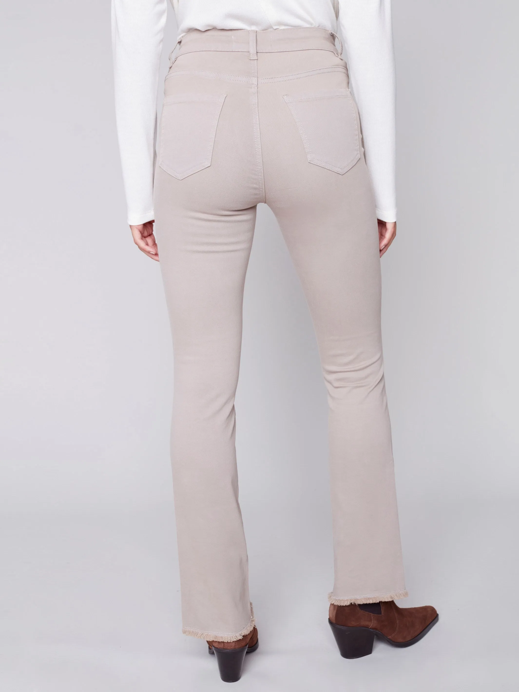 Bootcut Twill Pants with Asymmetrical Fringed Hem - Almond