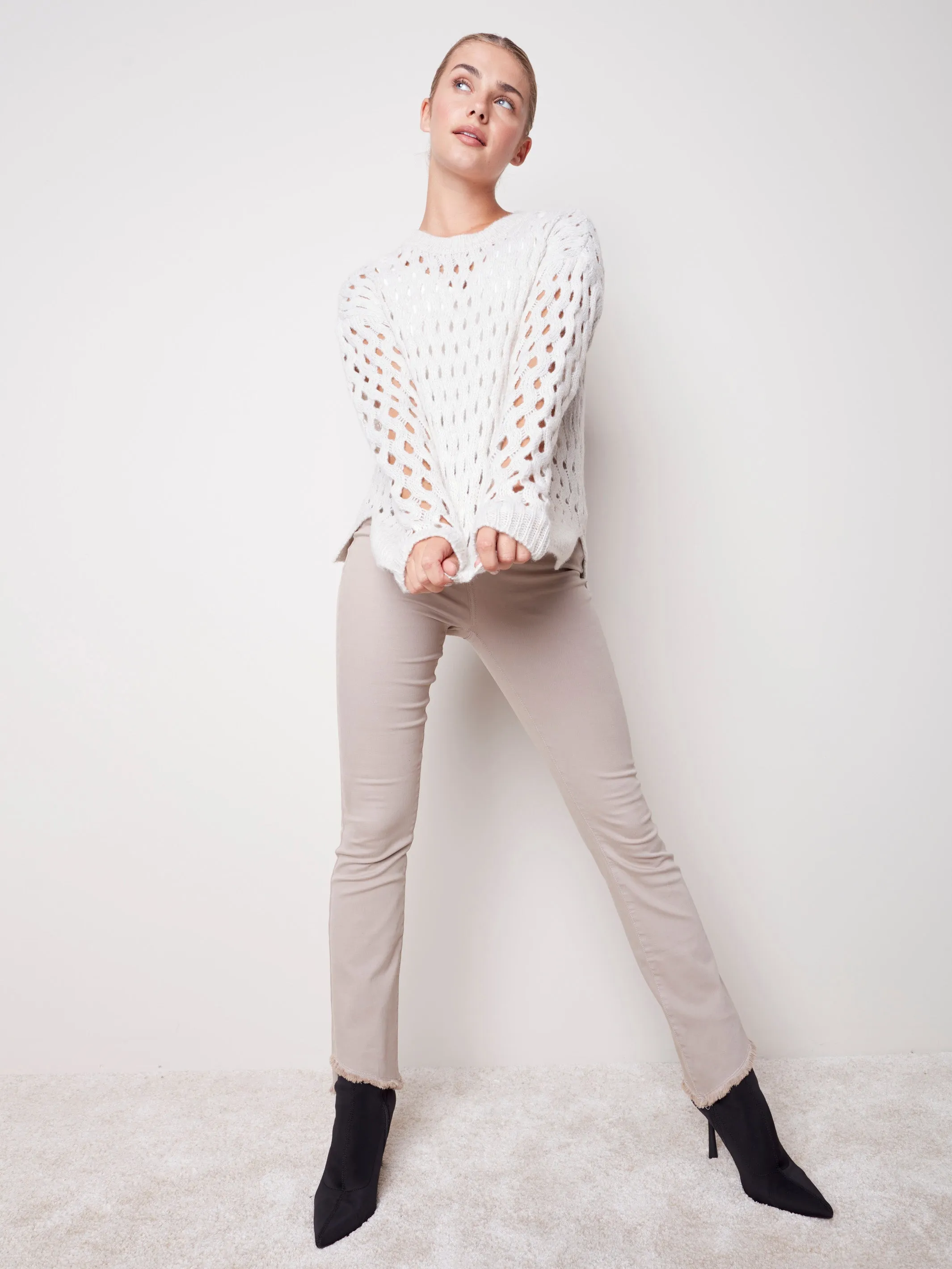 Bootcut Twill Pants with Asymmetrical Fringed Hem - Almond