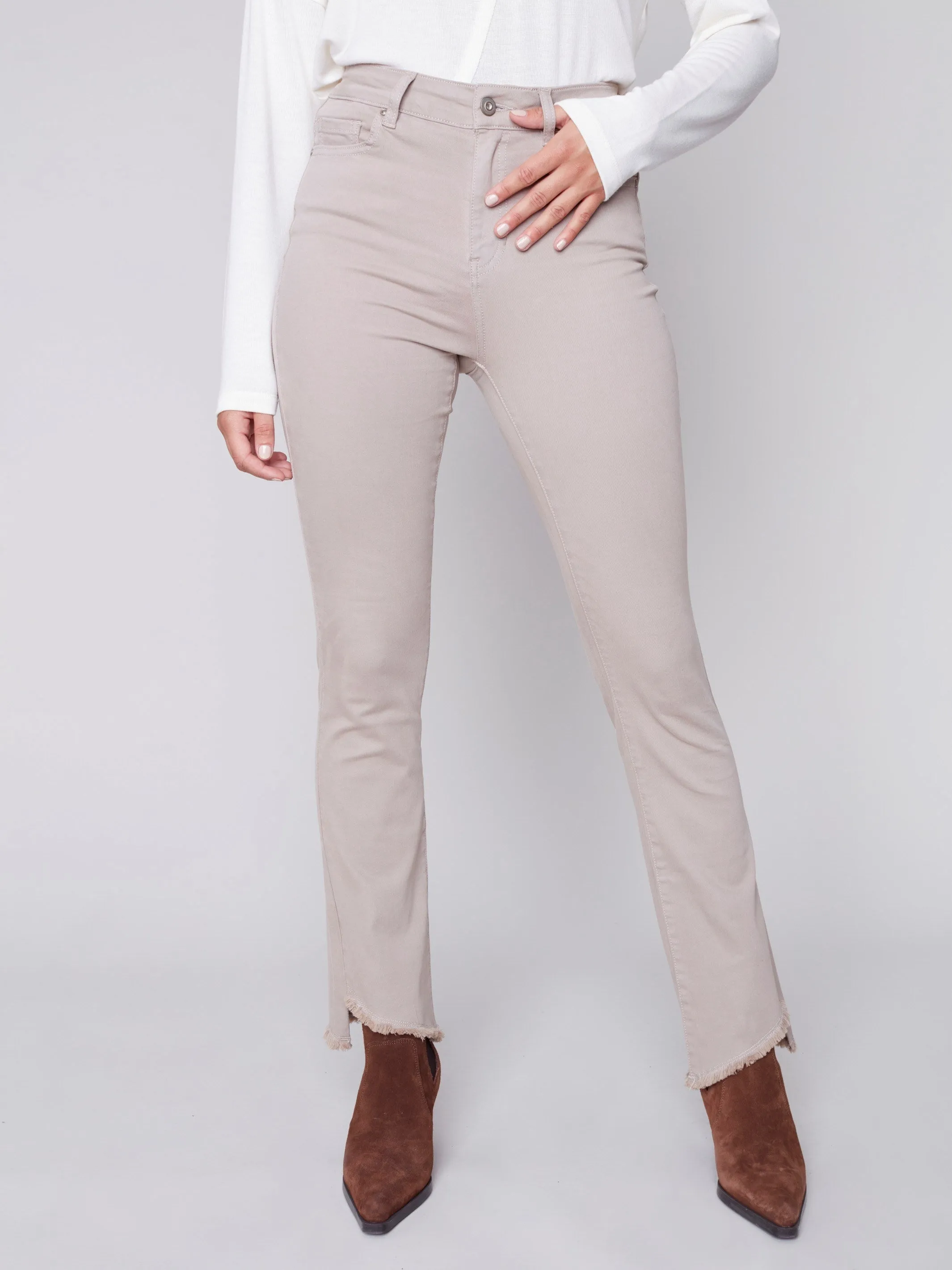 Bootcut Twill Pants with Asymmetrical Fringed Hem - Almond