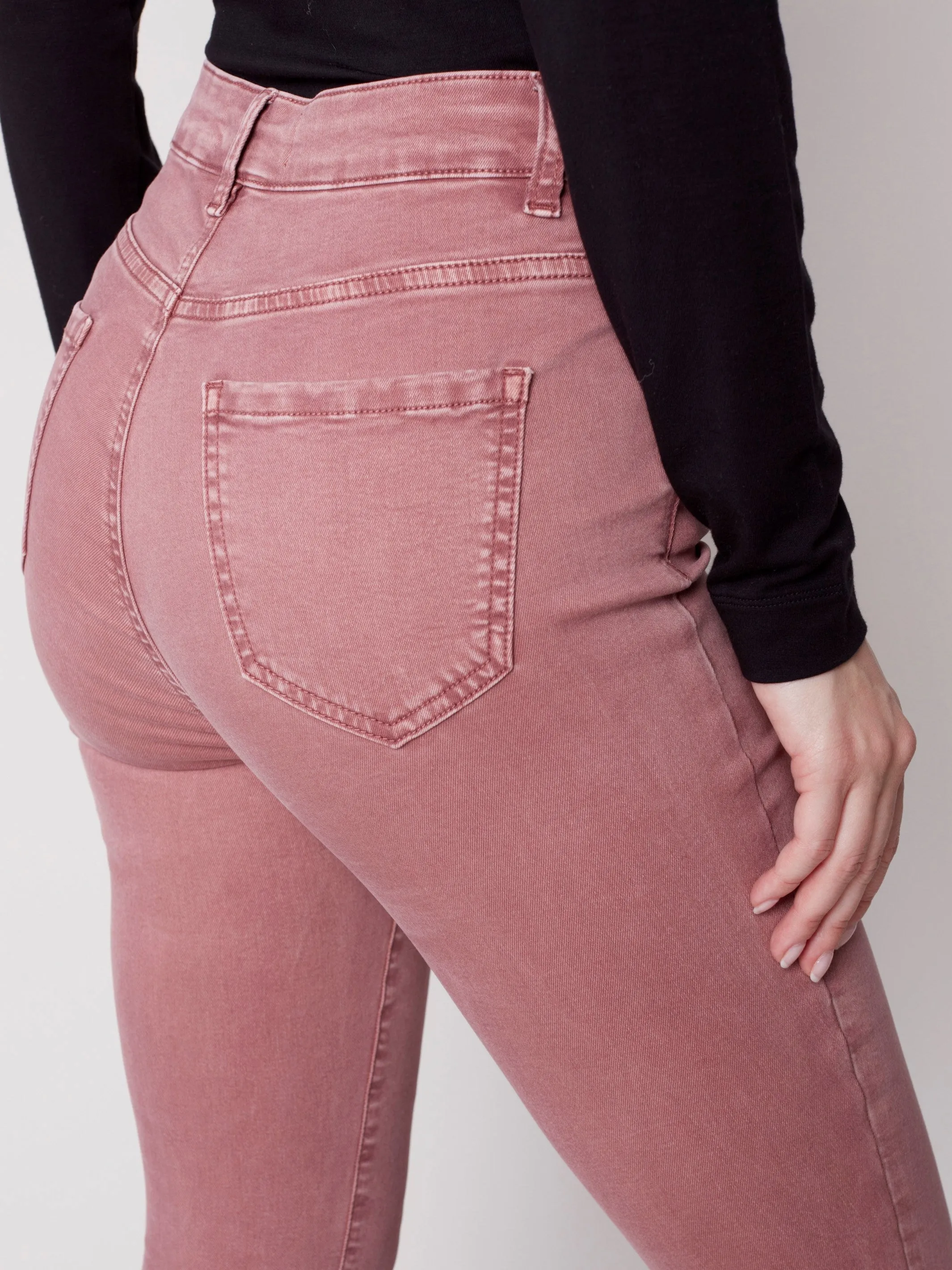 Bootcut Twill Pants with Asymmetrical Fringed Hem - Raspberry