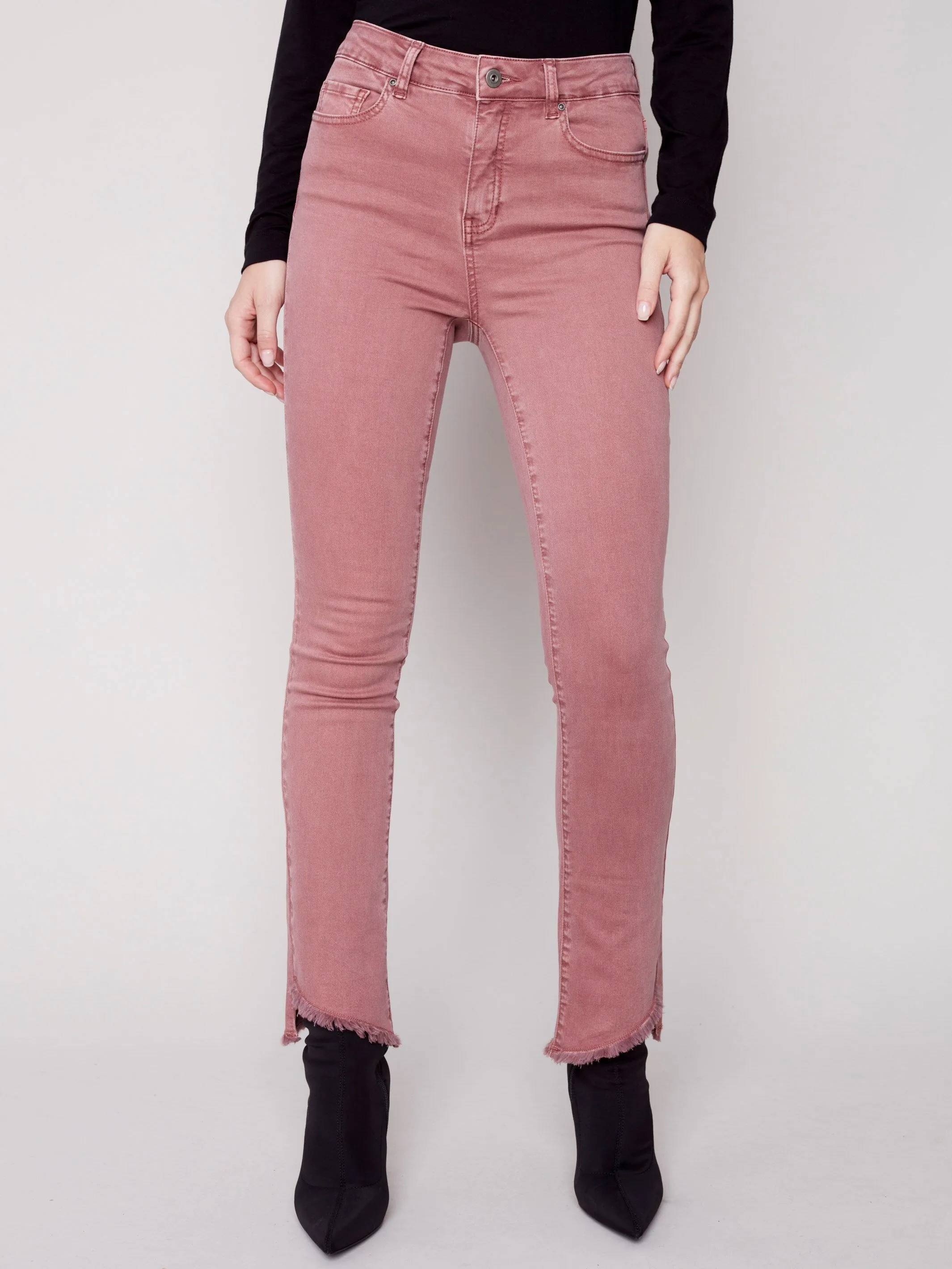 Bootcut Twill Pants with Asymmetrical Fringed Hem - Raspberry