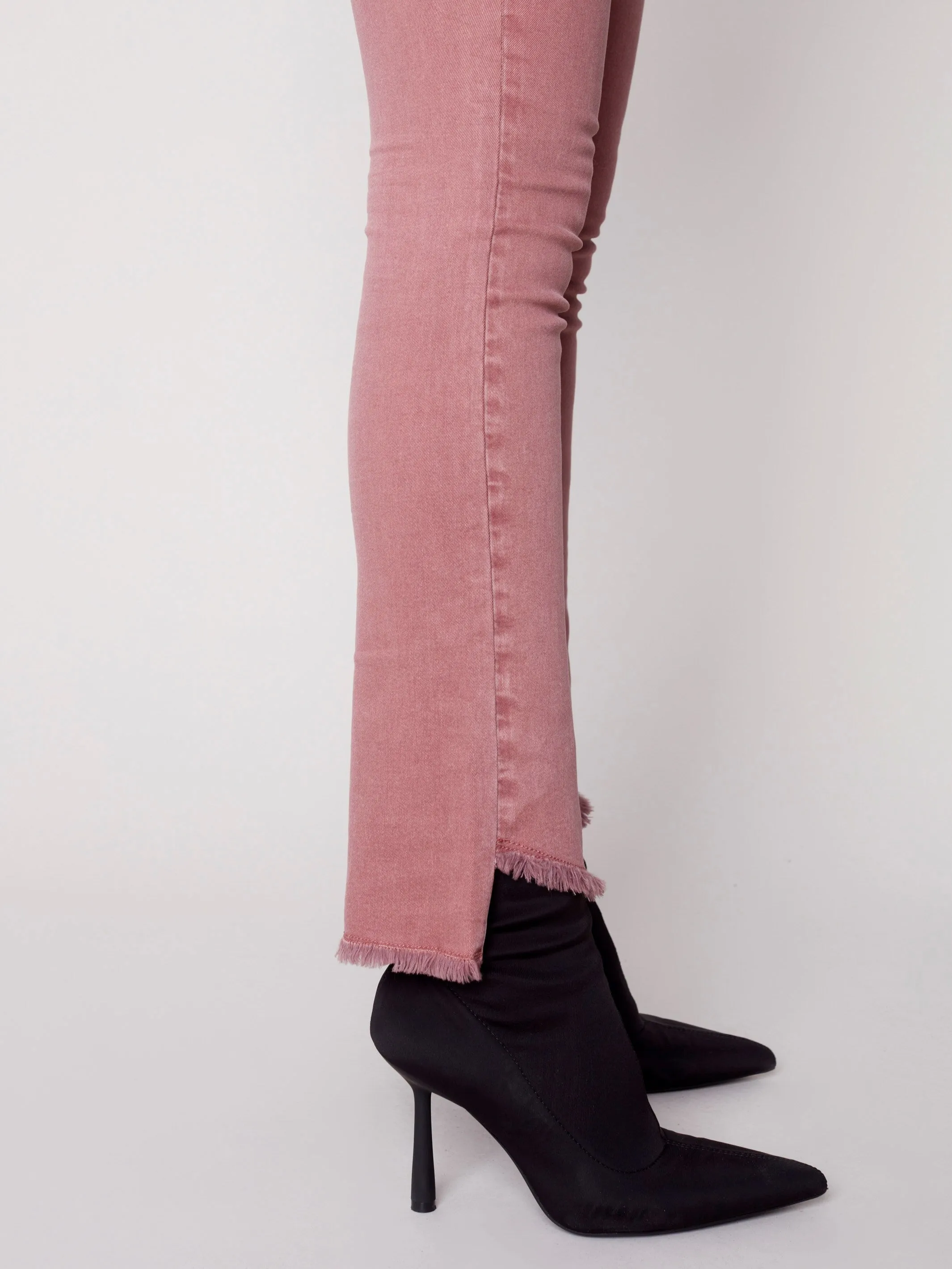 Bootcut Twill Pants with Asymmetrical Fringed Hem - Raspberry