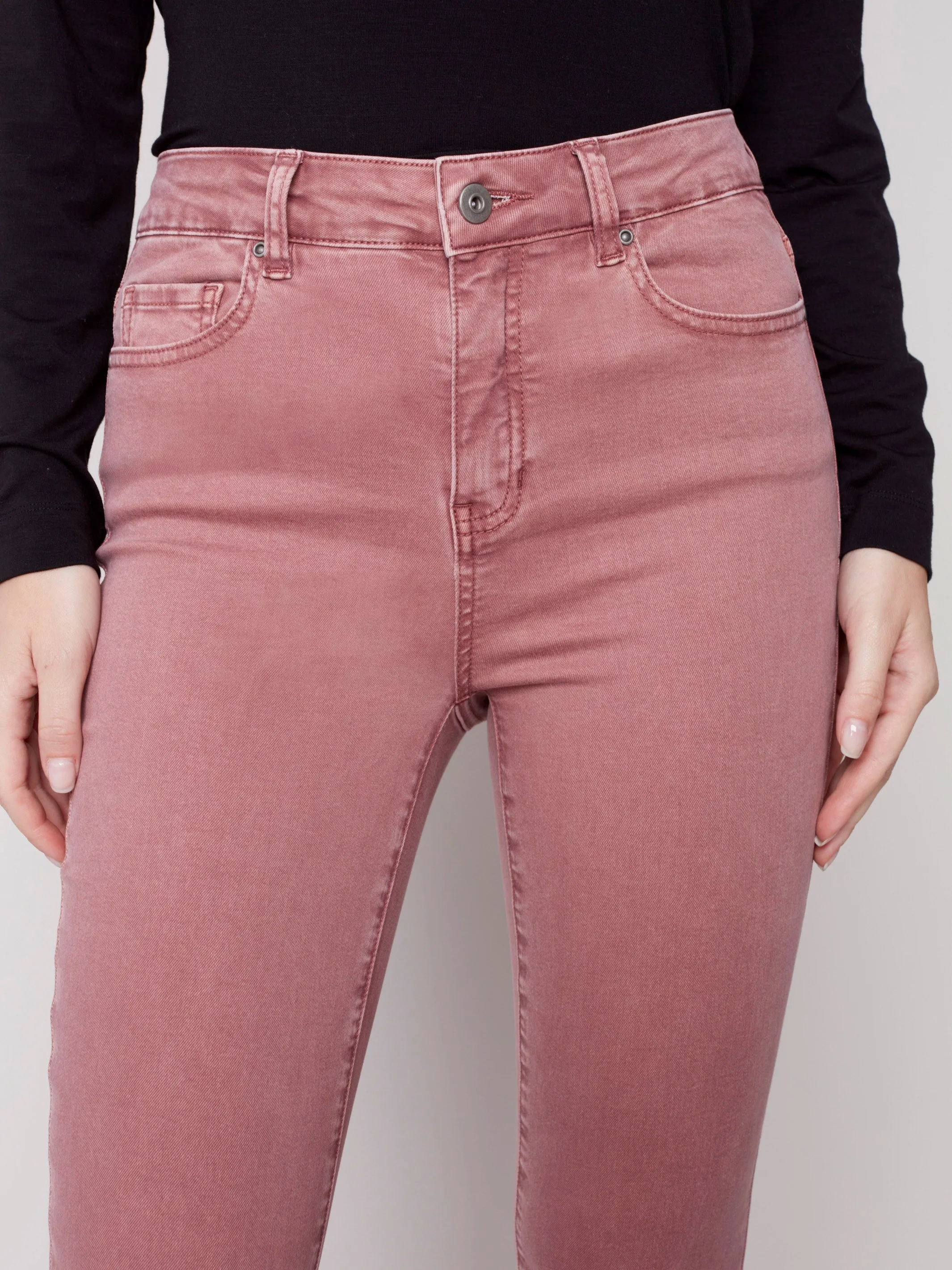 Bootcut Twill Pants with Asymmetrical Fringed Hem - Raspberry