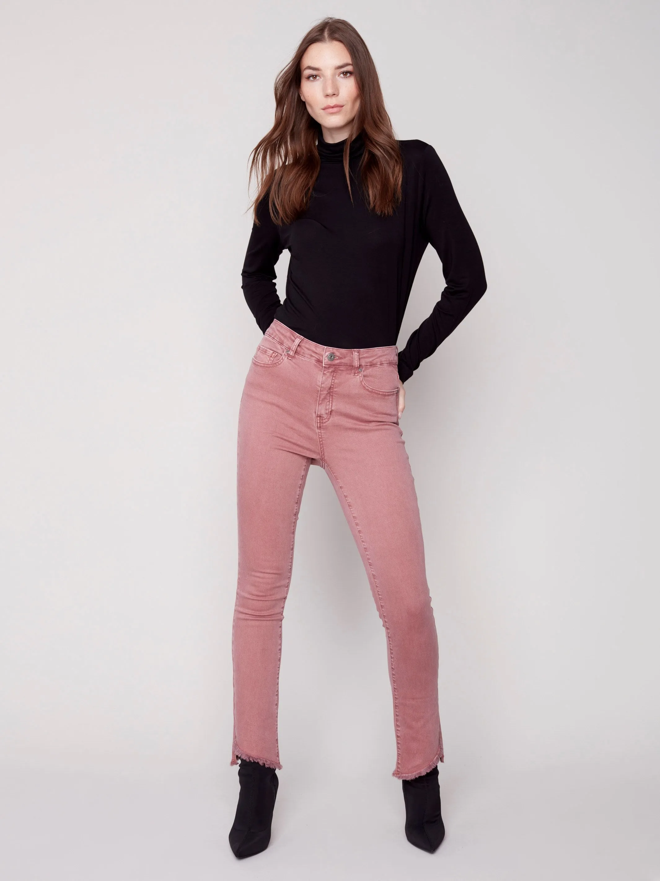 Bootcut Twill Pants with Asymmetrical Fringed Hem - Raspberry