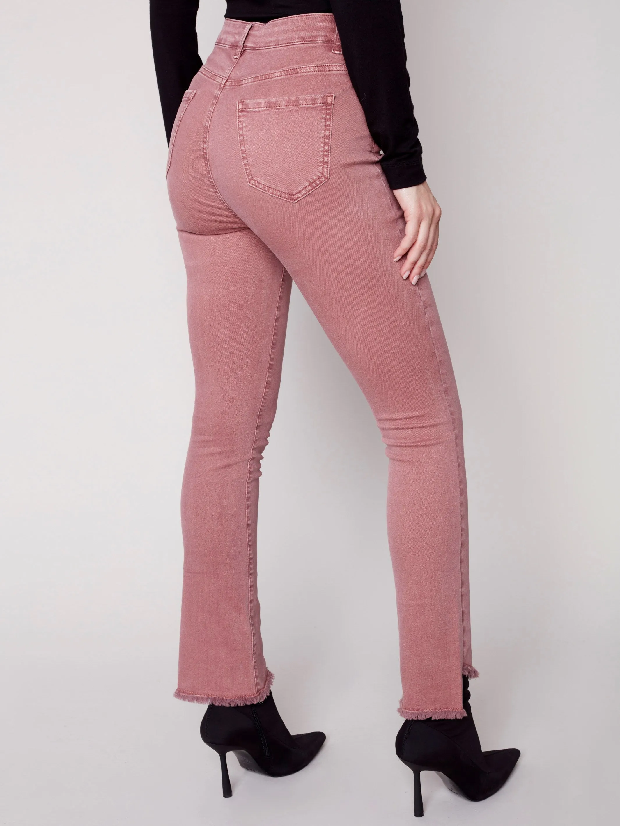 Bootcut Twill Pants with Asymmetrical Fringed Hem - Raspberry
