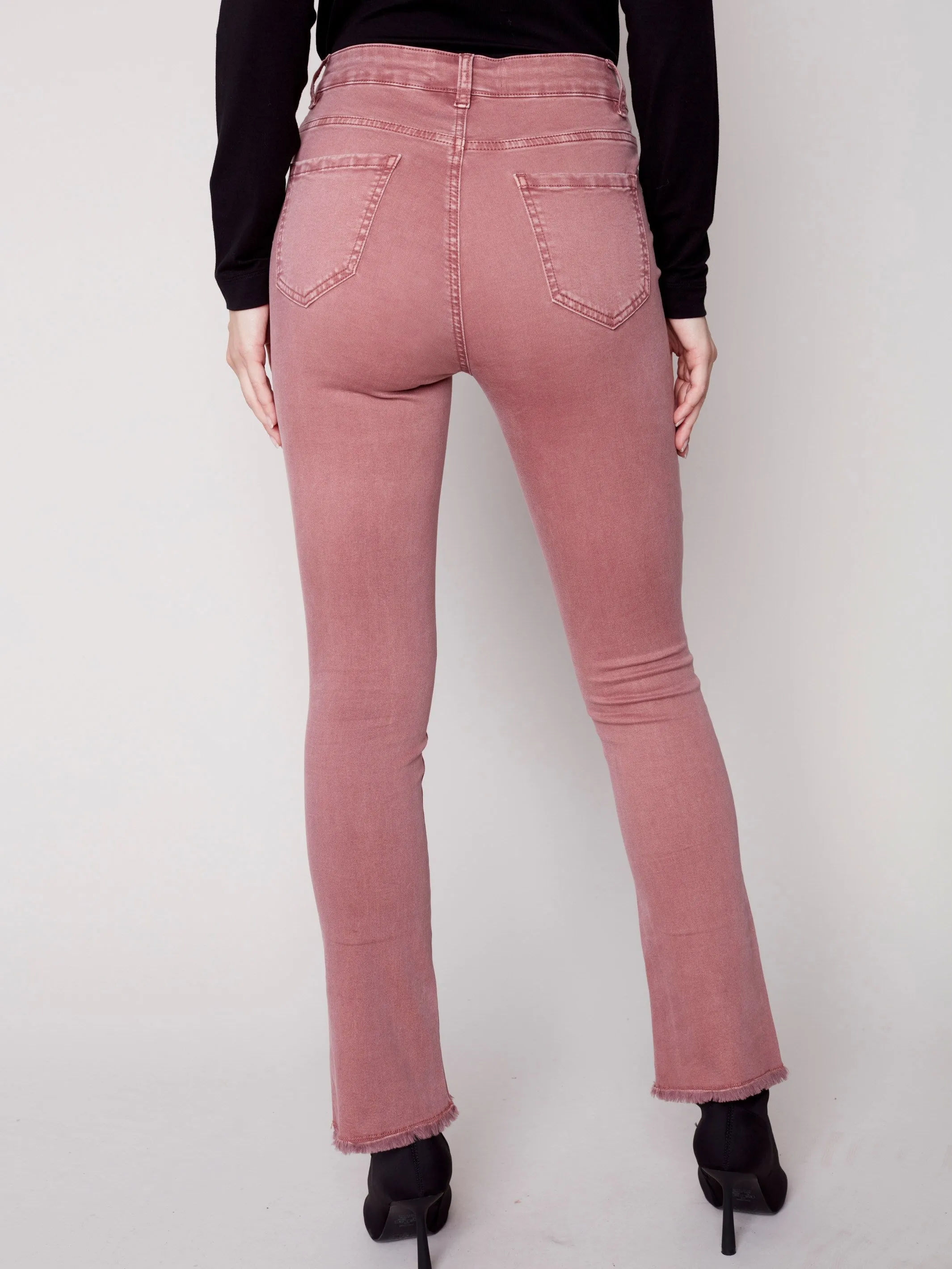 Bootcut Twill Pants with Asymmetrical Fringed Hem - Raspberry