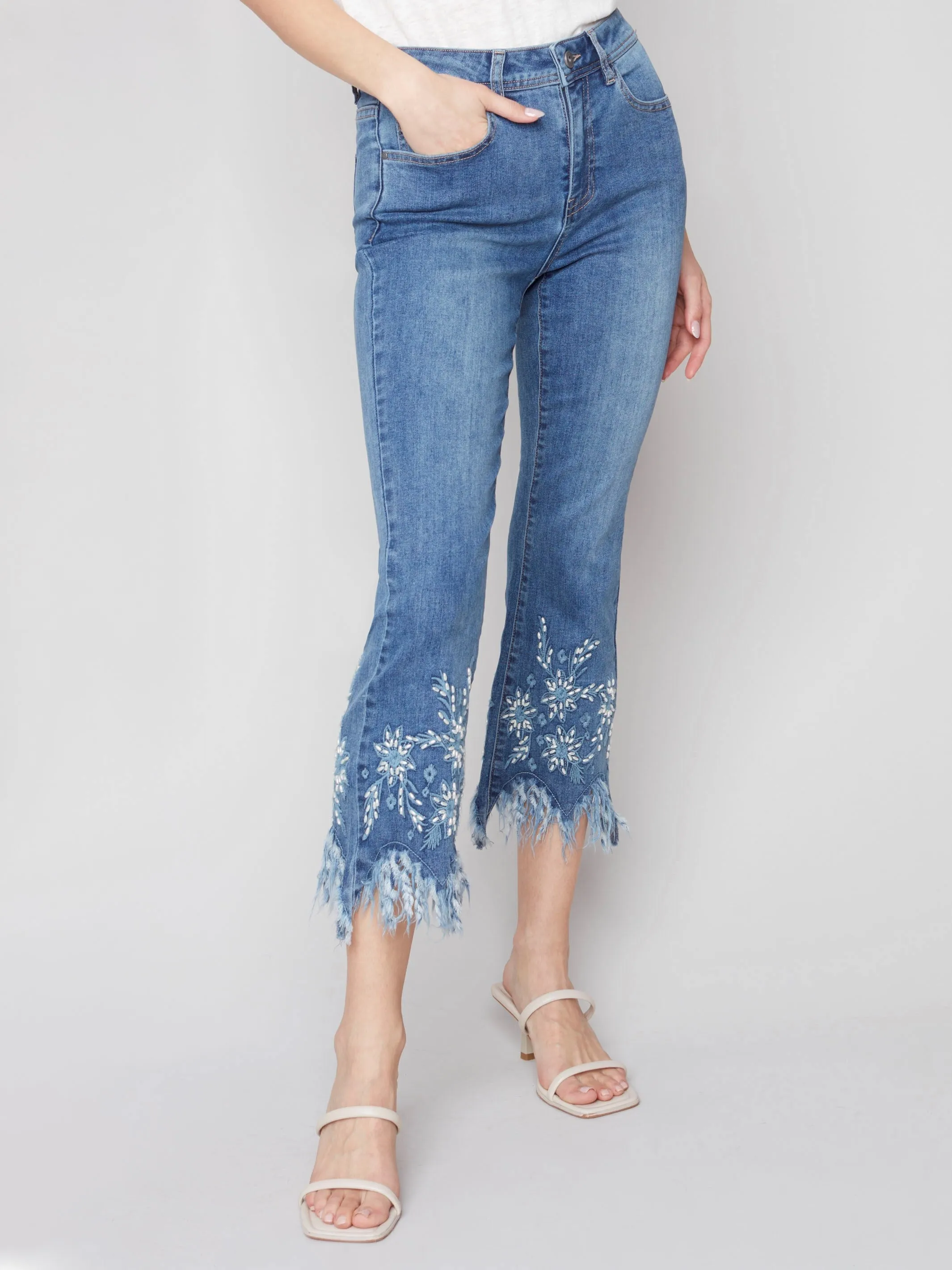 Cropped Jeans with Embroidered Feathered Hem - Medium Blue