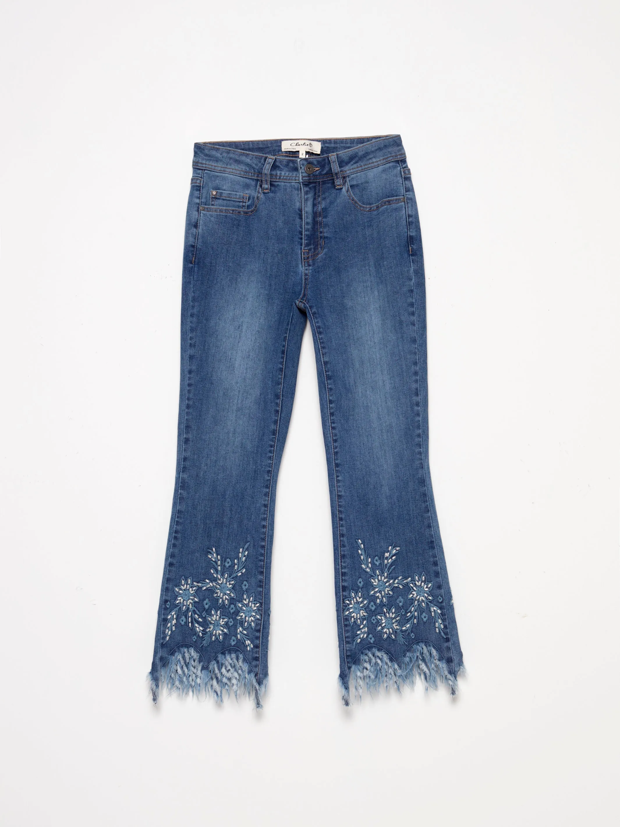 Cropped Jeans with Embroidered Feathered Hem - Medium Blue