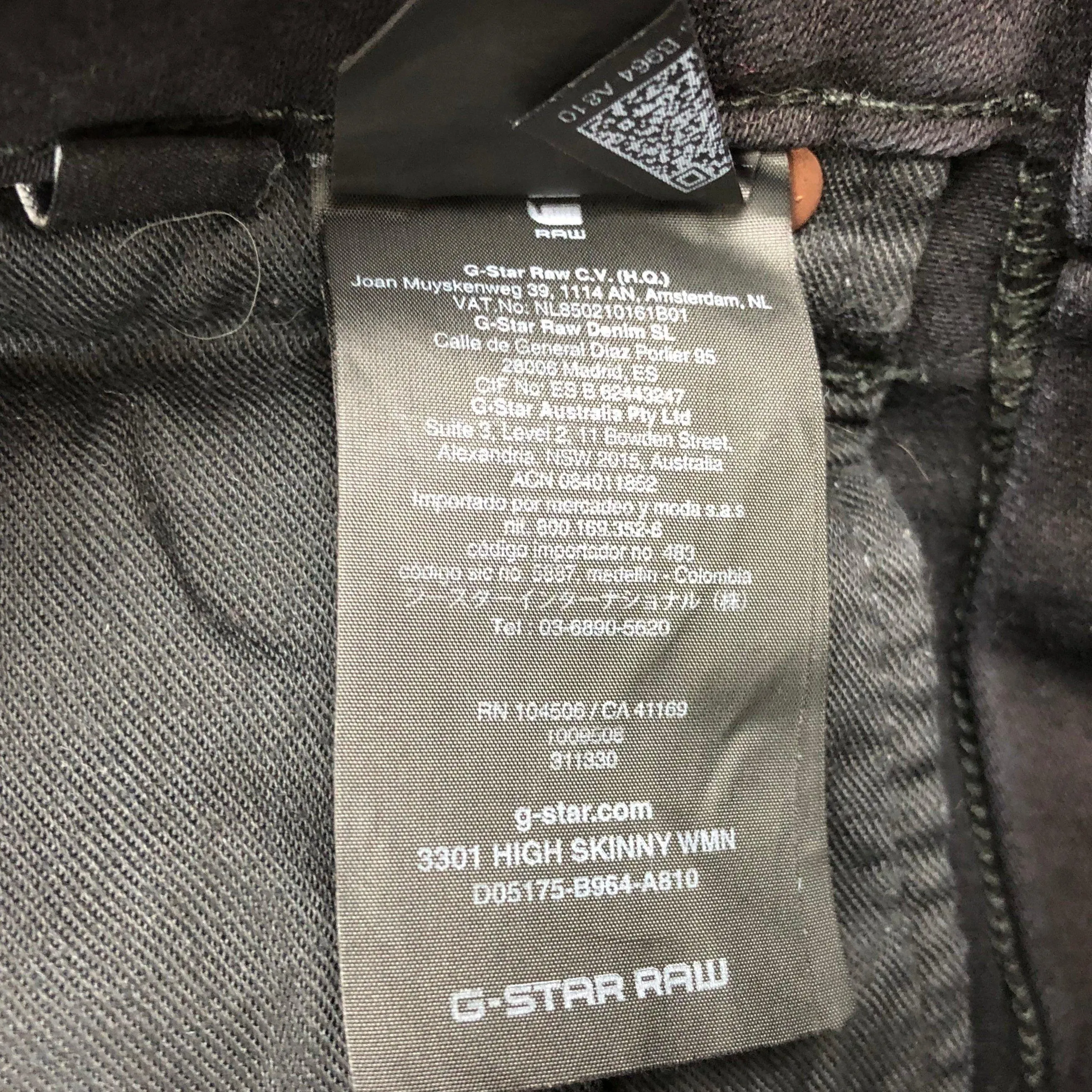 G Star RAW Womens '3301' High Skinny Jeans -Size 26