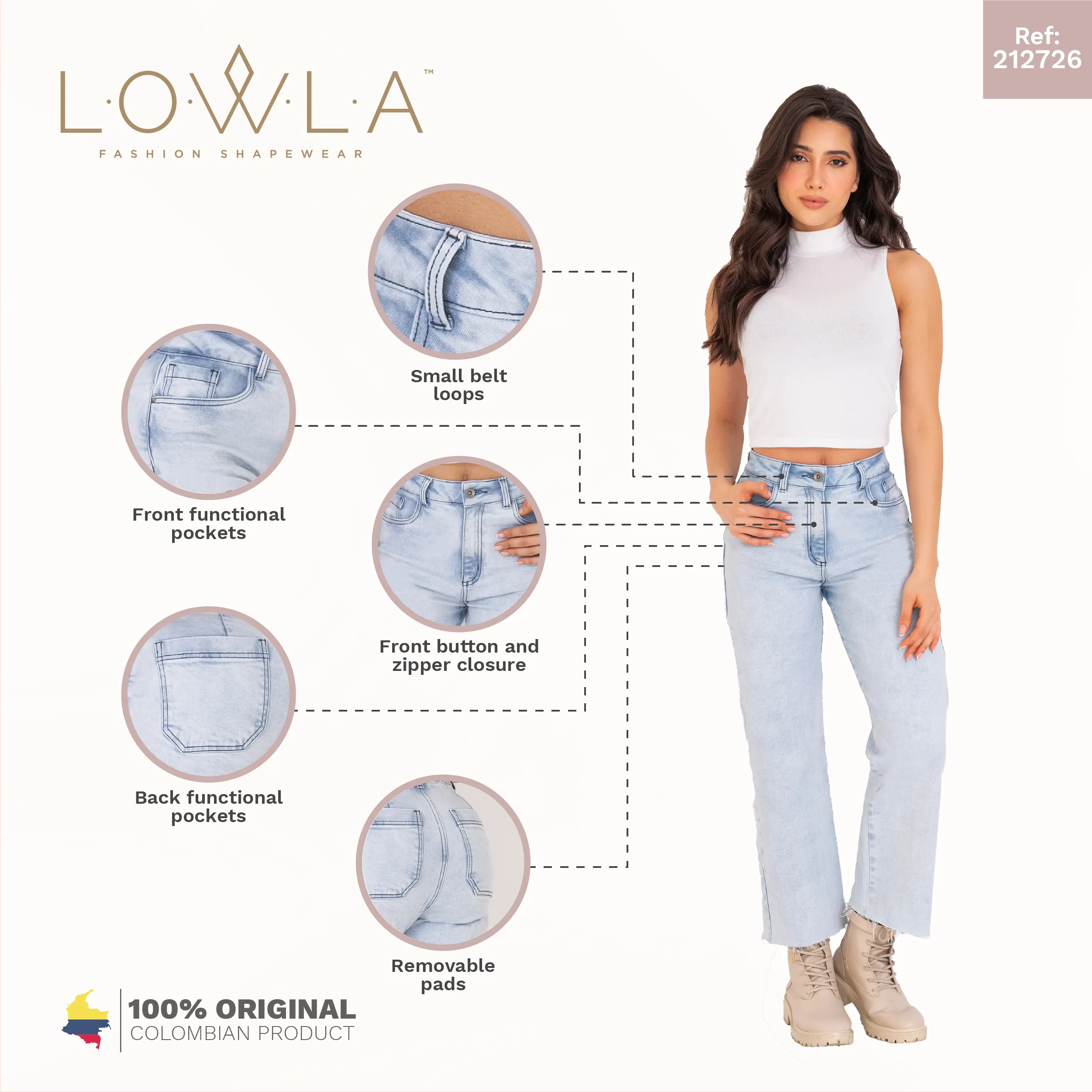 High Rise Wide Leg Bootcut Colombian Jeans with Removable Pads LOWLA 212726