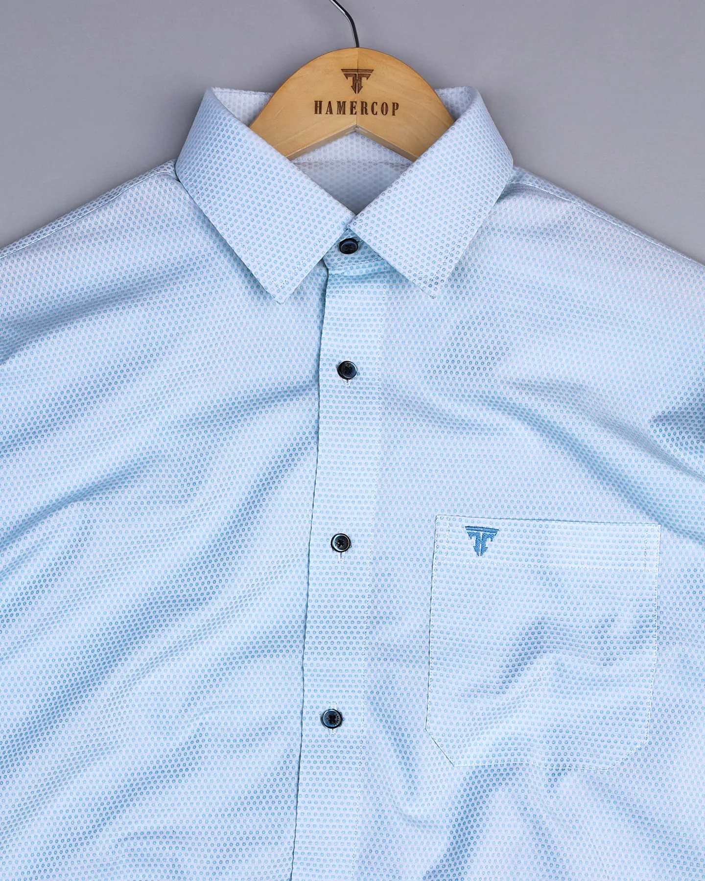 Light SkyBlue Polka Dot With White Jacquard Cotton Shirt