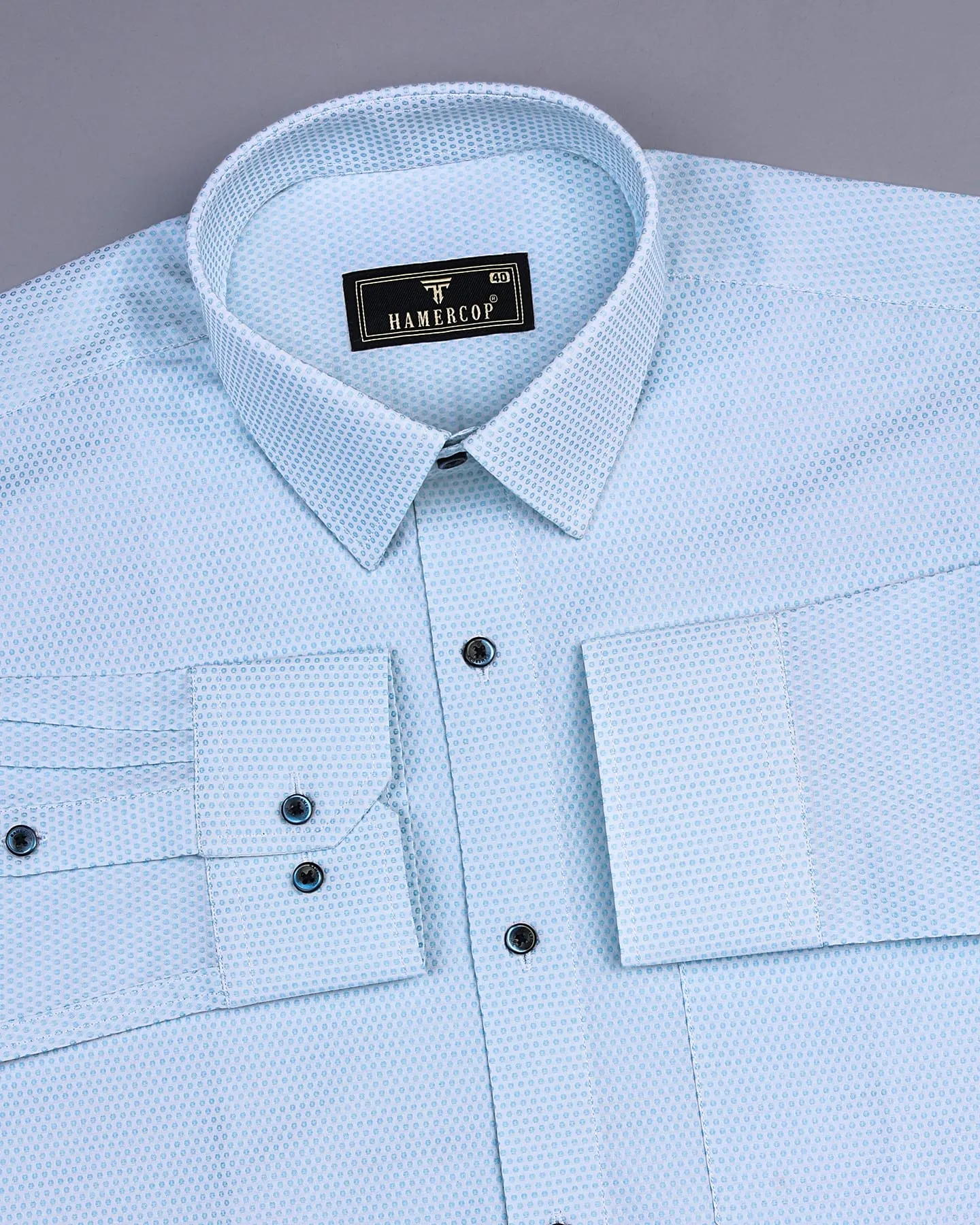 Light SkyBlue Polka Dot With White Jacquard Cotton Shirt