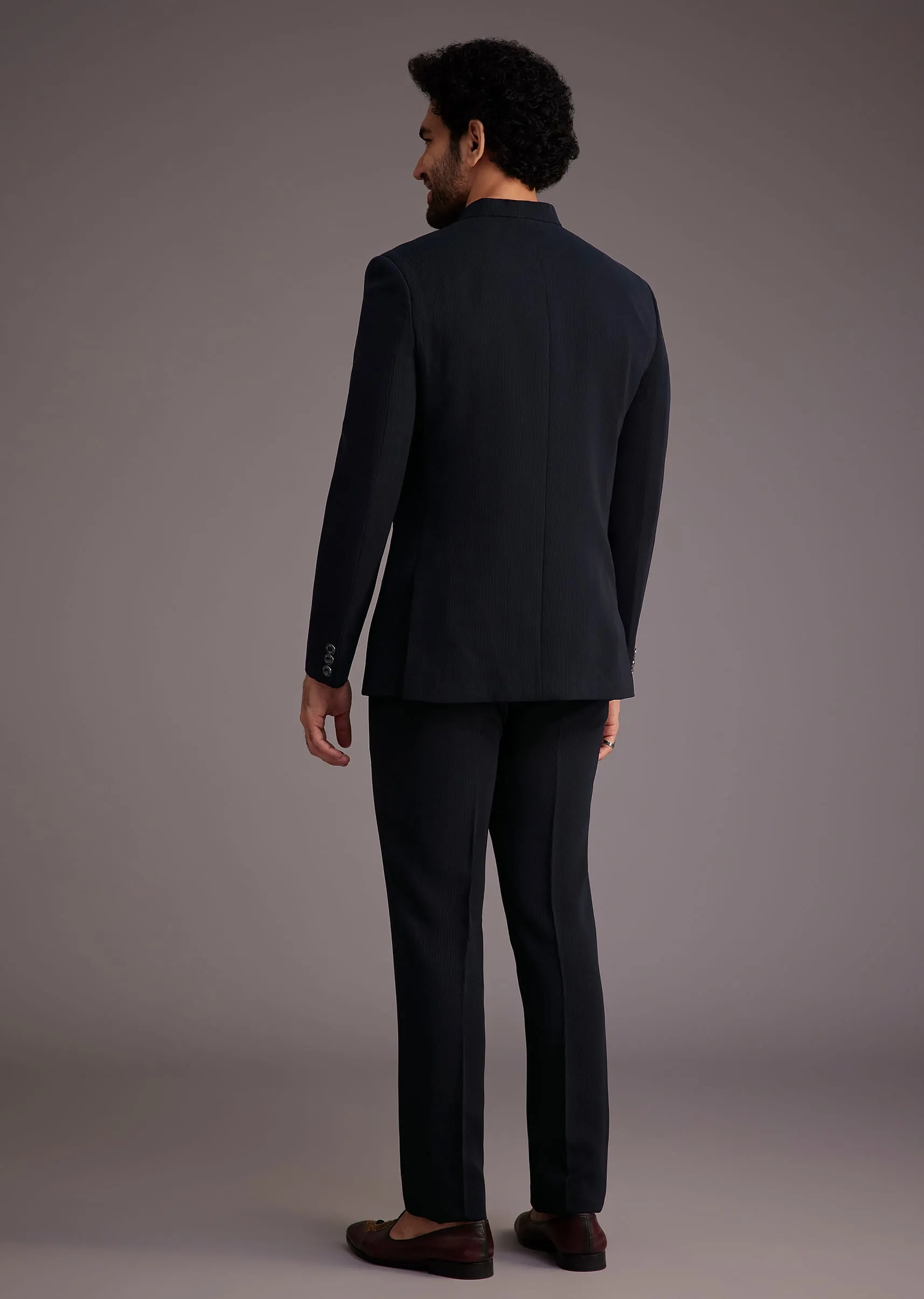 Navy Blue Bandhgala Suit With Embroidered Collar