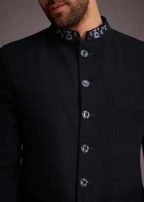 Navy Blue Bandhgala Suit With Embroidered Collar