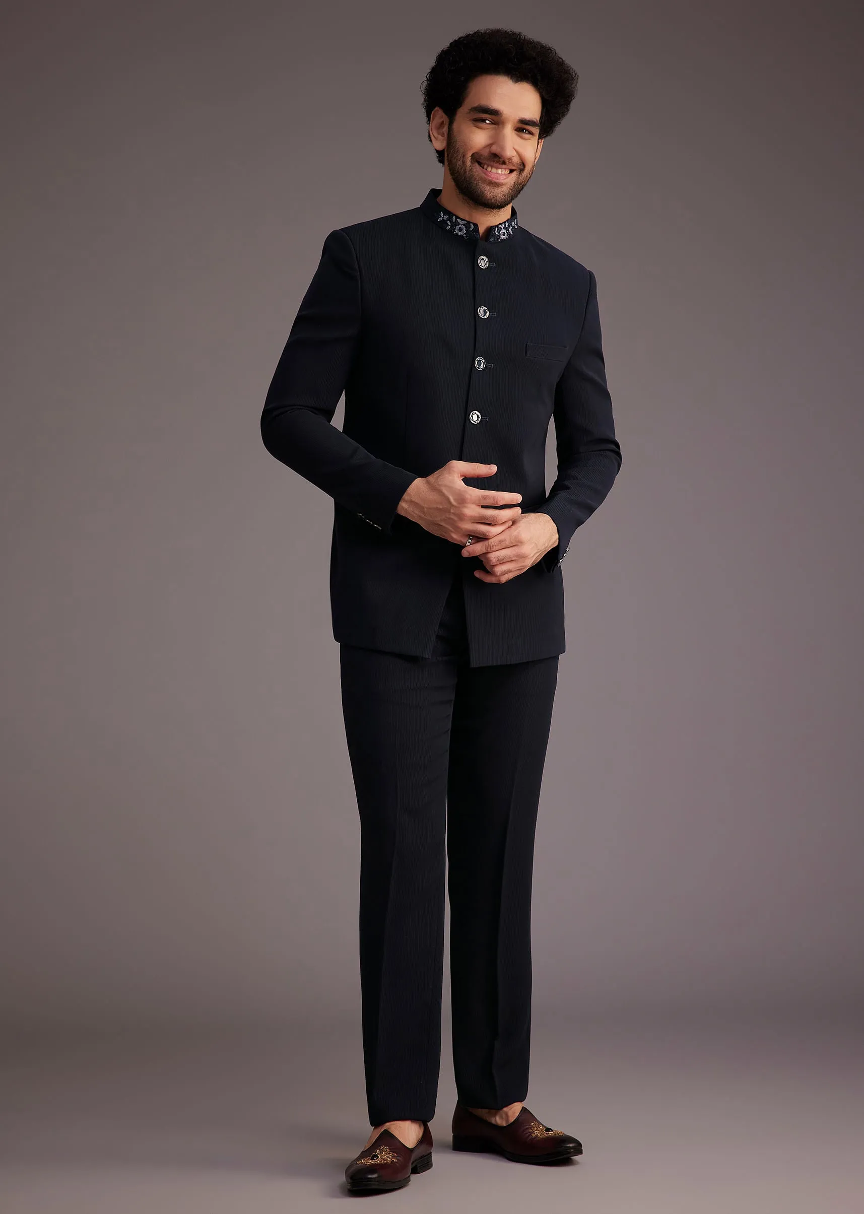 Navy Blue Bandhgala Suit With Embroidered Collar