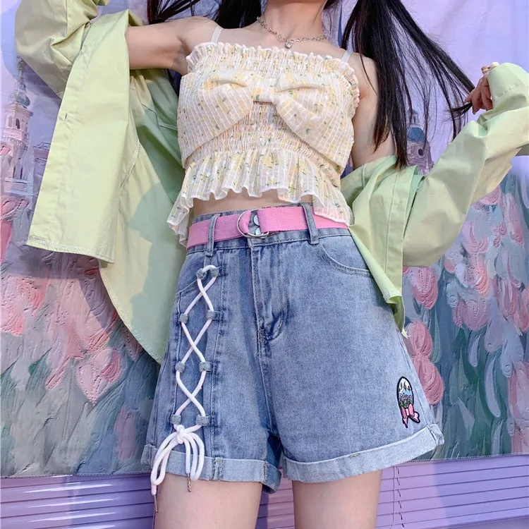 Original Soft Girl Style Embroidered High Waist Denim Shorts