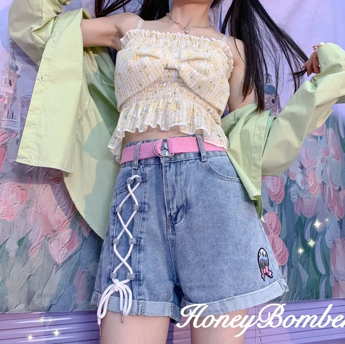 Original Soft Girl Style Embroidered High Waist Denim Shorts