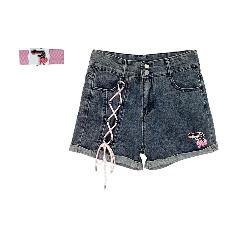 Original Soft Girl Style Embroidered High Waist Denim Shorts