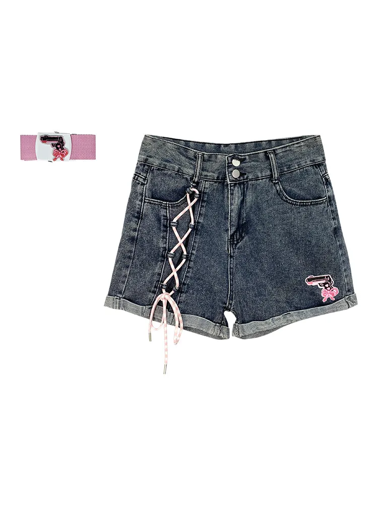 Original Soft Girl Style Embroidered High Waist Denim Shorts