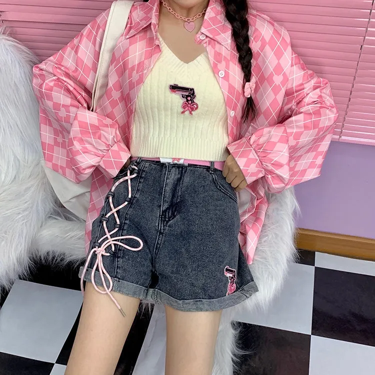 Original Soft Girl Style Embroidered High Waist Denim Shorts