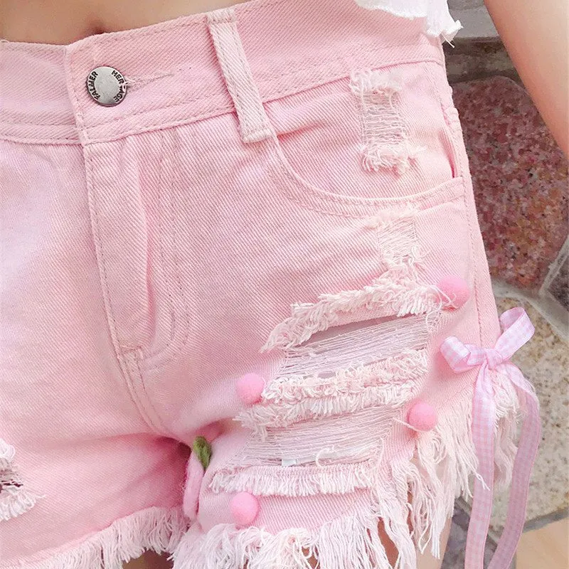 Ripped Denim Kawaii Shorts