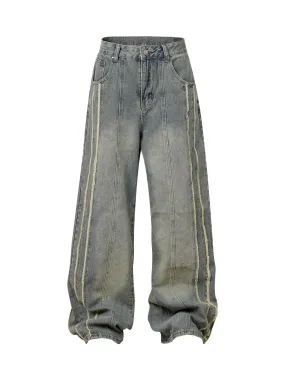 Sneakerhill Washed Distressed Raw Edge Baggy Jeans