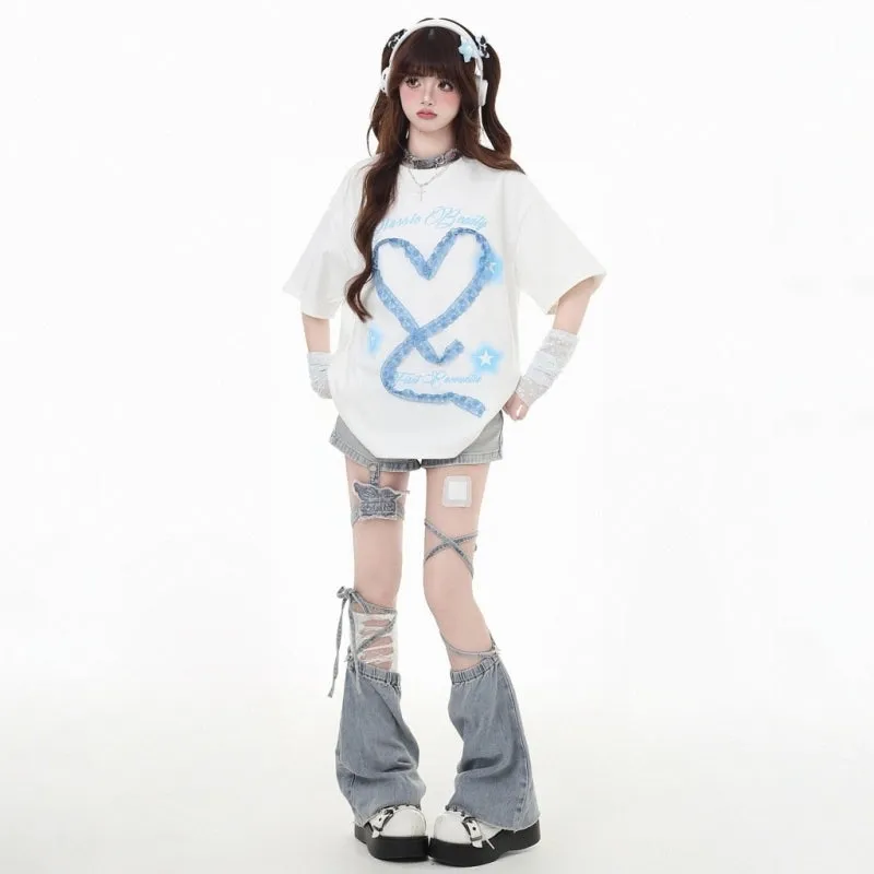 Y2K Style Blue Butterfly Strap Denim Shorts