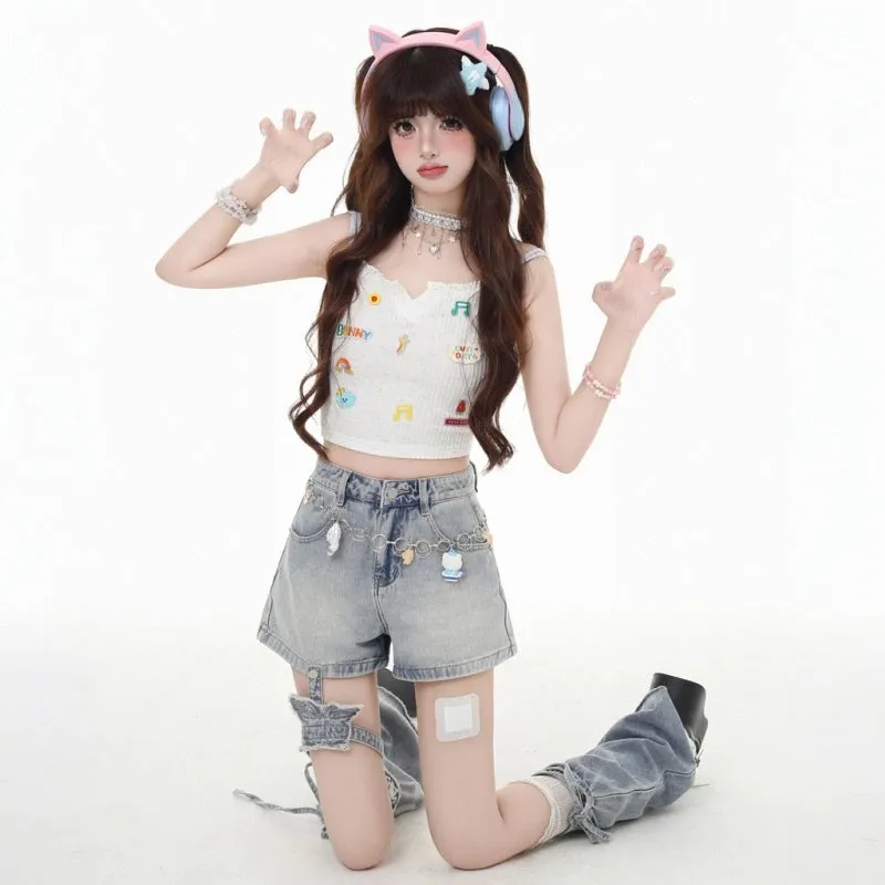 Y2K Style Blue Butterfly Strap Denim Shorts