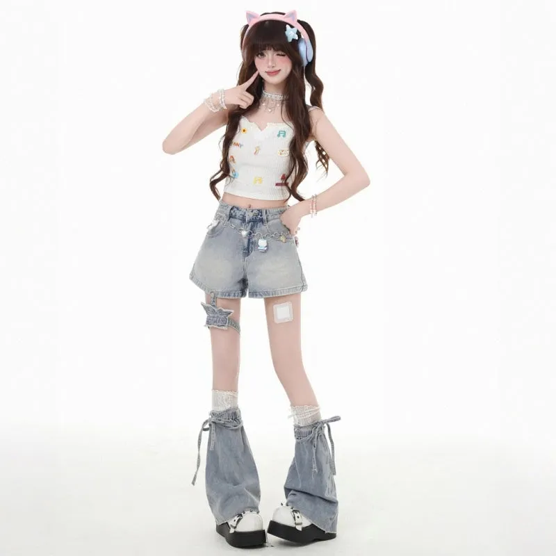 Y2K Style Blue Butterfly Strap Denim Shorts
