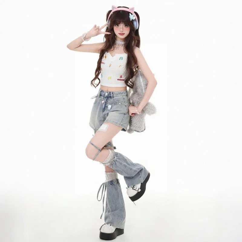 Y2K Style Blue Butterfly Strap Denim Shorts
